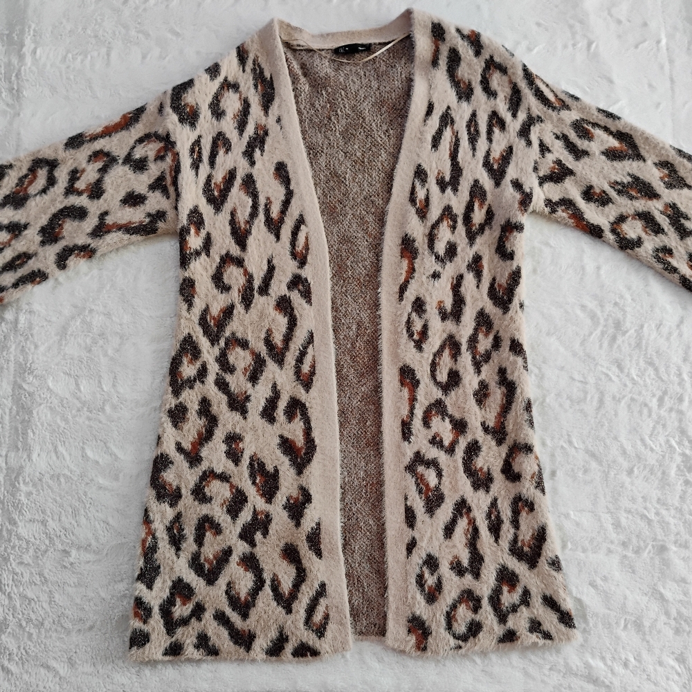 INC International Concepts Fuzzy Leopard Print Metallic Cardigan Sweater
